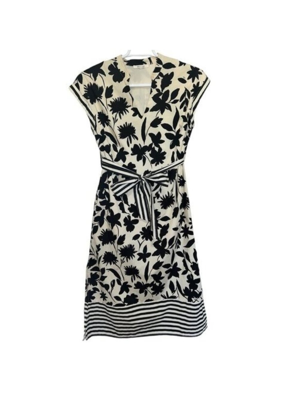 Zoe & Claire Midi Dress Womens M Black Cream Floral Striped Tie Waist